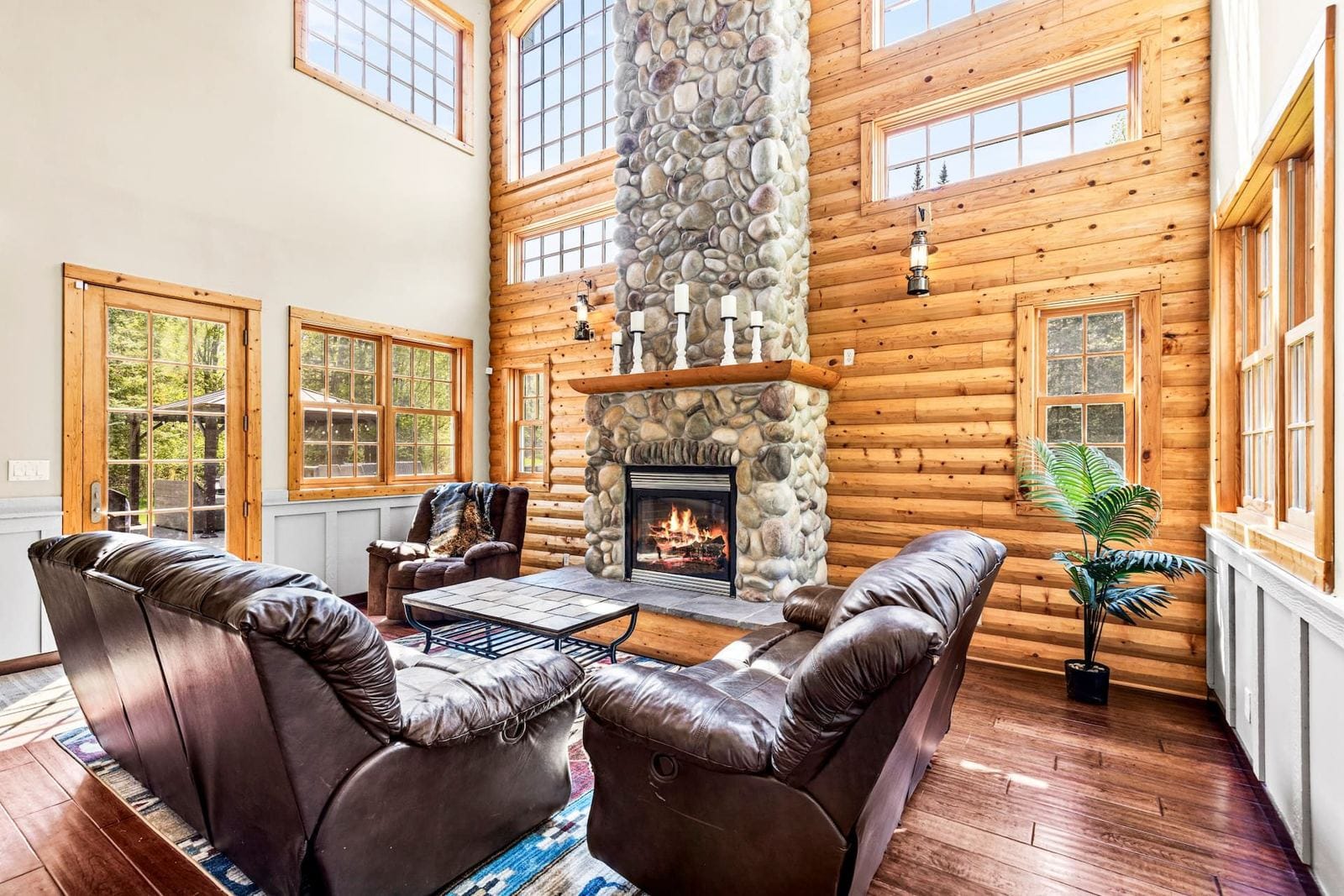 The two-story stone fireplace